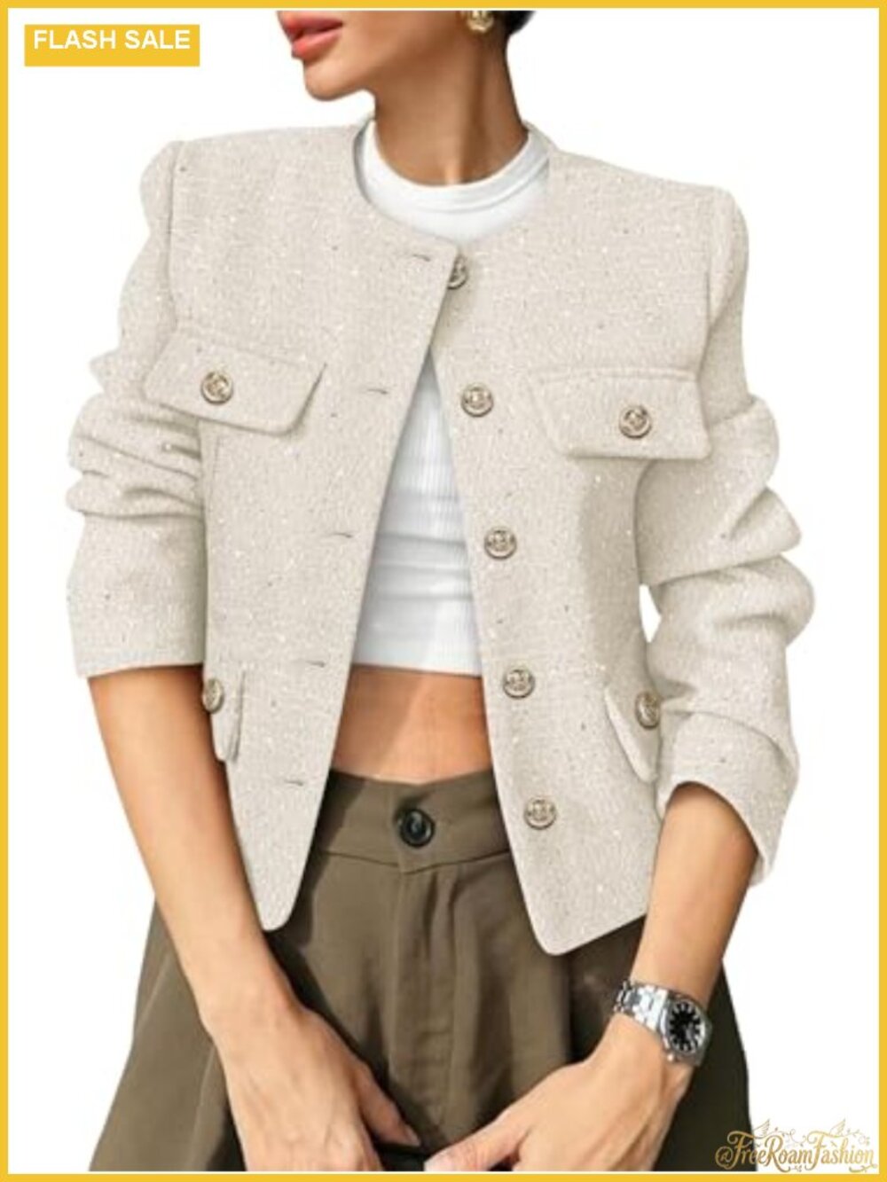 Tweed Blazer Cropped Collarless Button Down Long Sleeve Business Casual Jacket